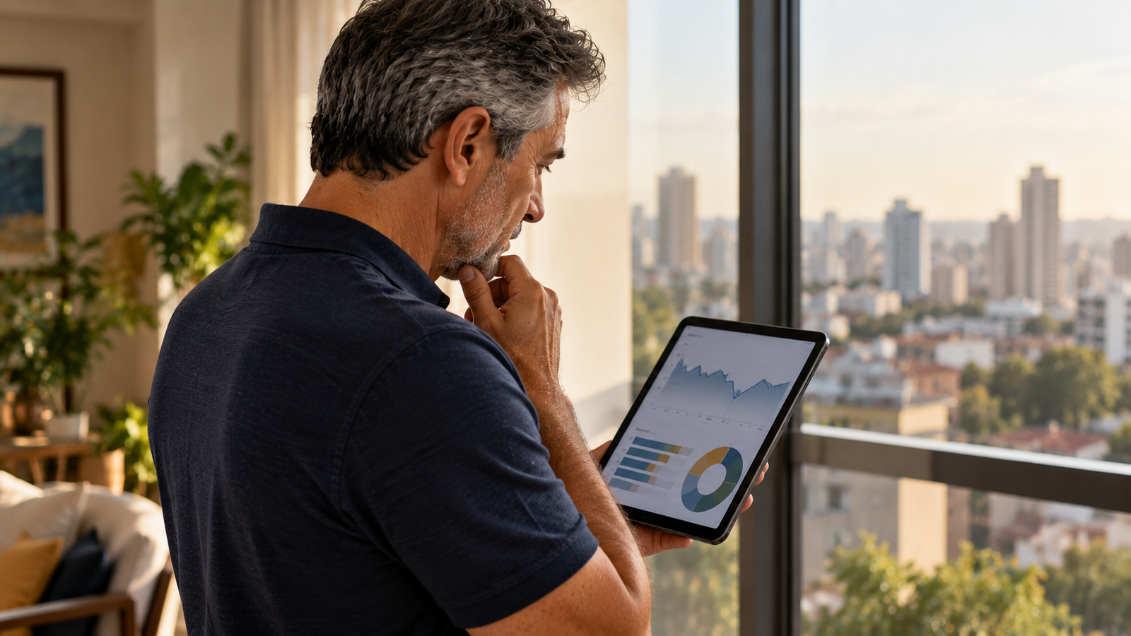 Investidor observando no tablet a oscilação de preço de um título de renda fixa antes do vencimento.